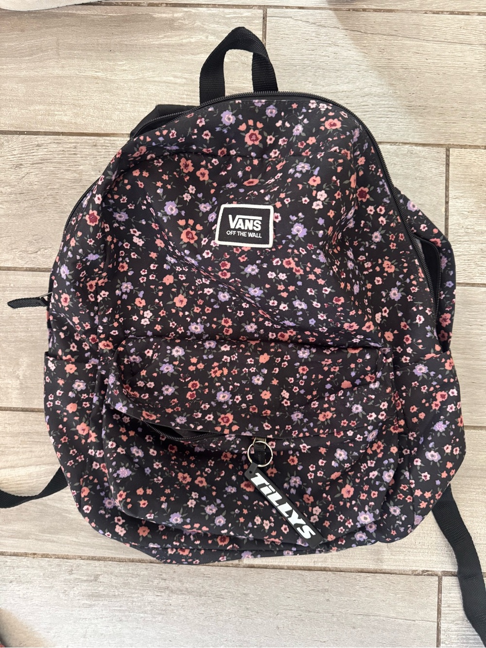 Vans Black Floral Print Backpack with Pink and Lavender Blooms